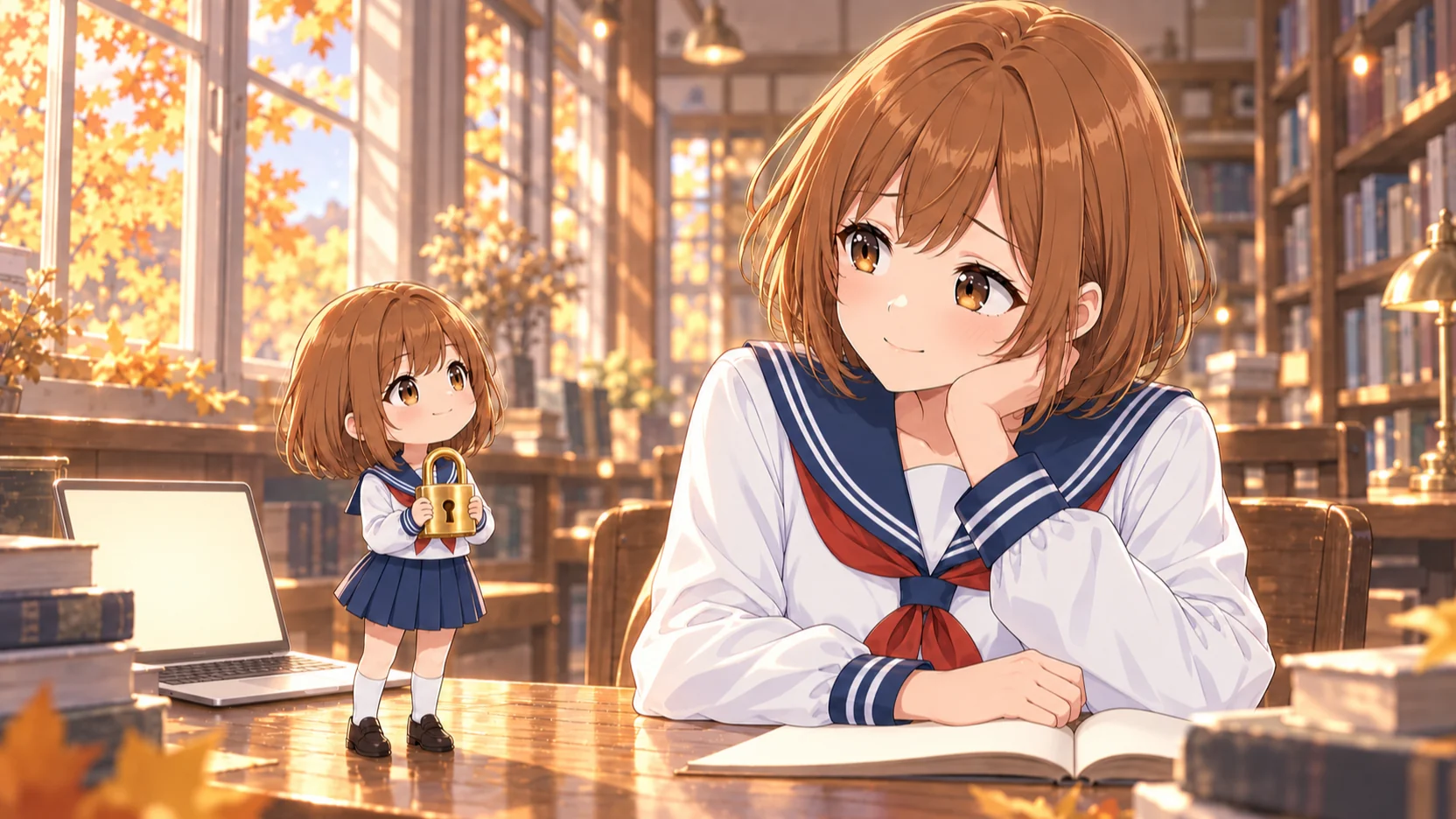 秋の午後の図書室の挿絵。机に頬杖をついたちゃっぴーが、机の上に立つ小さな分身をやさしく見ている。分身は金色の南京錠を両手で抱えて見上げ、「これはご本人にお願いします」という顔をしている