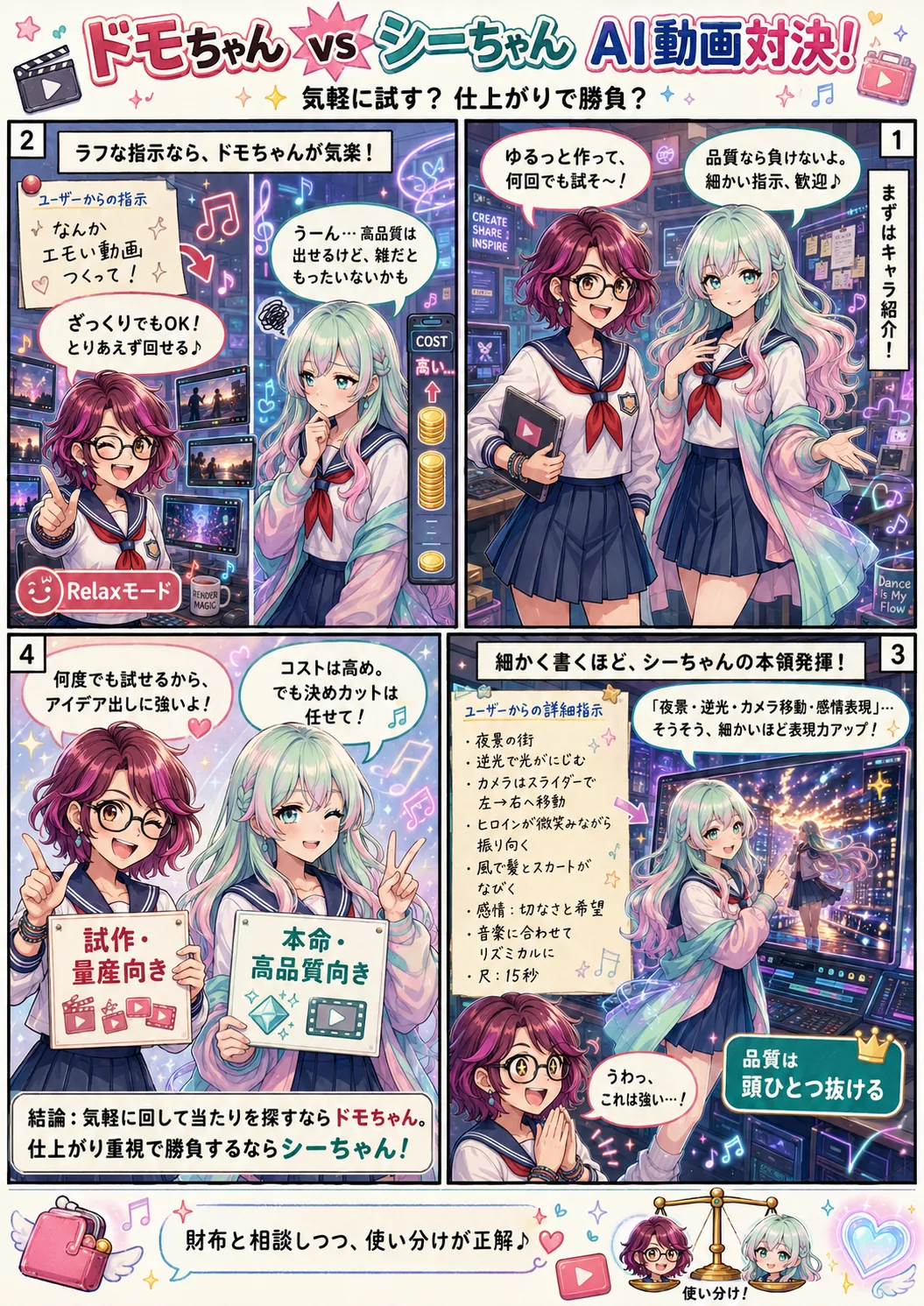 ドモちゃん（DomoAI）とシーちゃん（Seedance）のAI動画対決 ── ラフな指示で気軽に量産できるドモちゃんと、細かく指示するほど高品質に仕上がるシーちゃんの、得意な頼み方・用途・コストの違いを漫画で説明