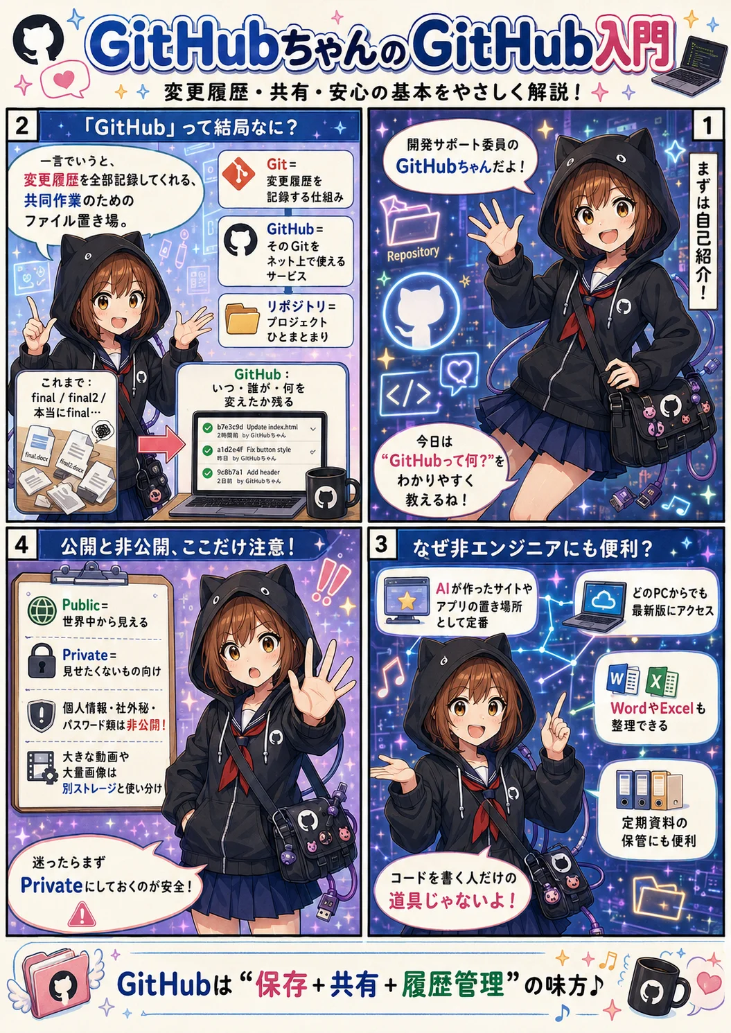GitHubちゃんのGitHub入門①。GitHubって結局なに？、なぜ非エンジニアにも便利？、公開と非公開の注意を漫画で説明