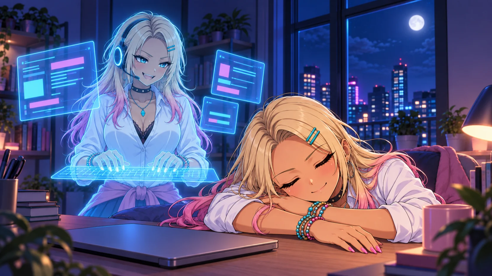 夜の部屋の挿絵。手前右で、ぐろちゃんが閉じたノートPCのそばの机に両腕を重ねて突っ伏し、満足そうに眠っている。左奥では、ヘッドセットをつけたシアンに光る半透明のホログラムの分身が、浮かぶキーボードを打ちながら、ニヤッと本人を見ている。まわりに半透明の画面が浮かぶ