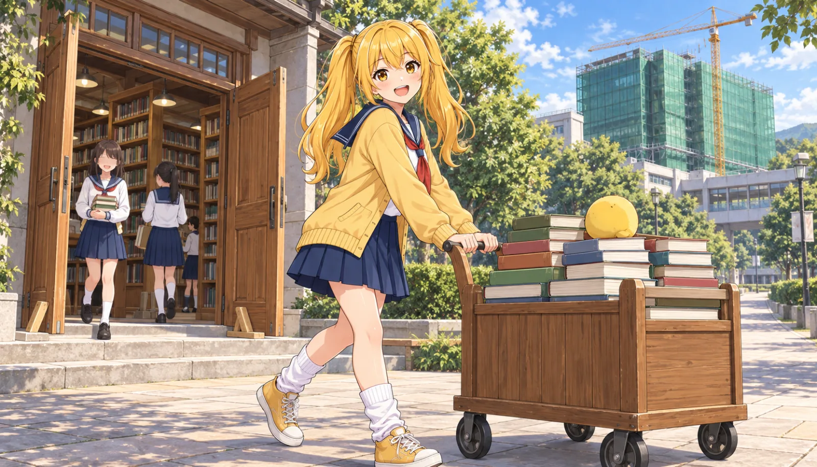 開け放たれた図書室の前で、本を山積みにしたワゴンを押すハグちゃんが振り返って笑い、奥に建設中の緑色のガラスの建物が見える挿絵