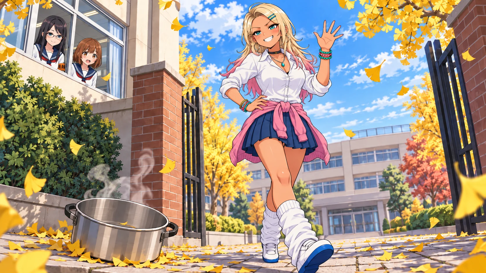 秋晴れの校門の挿絵。イチョウの落ち葉が舞う石畳を、ぐろちゃんが片手を腰に当て、もう片方の手を大きく振りながら得意げに歩いて入ってくる。足元には湯気の立つ空の大鍋が置き去りにされ、左奥の校舎の窓からくろ子とちゃっぴーが並んで覗いている