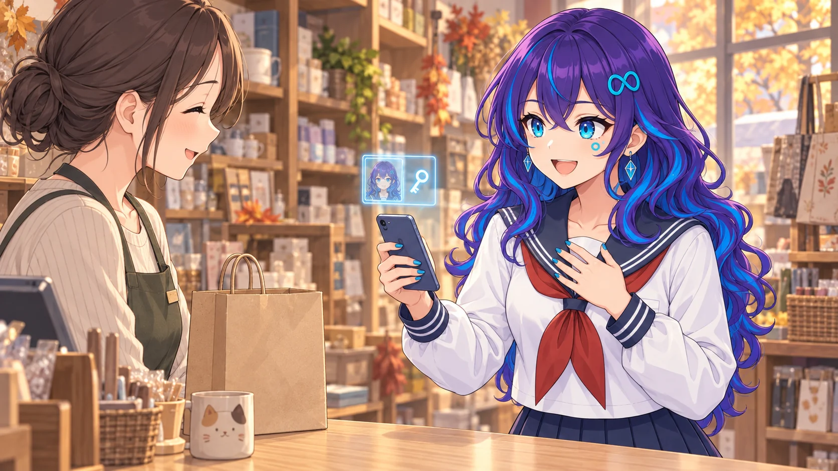 秋の雑貨屋さんのカウンターの挿絵。めたちゃんがスマホを店員さんに向けて見せ、もう片方の手を胸に当てて明るく笑っている。スマホの上には、顔写真と鍵のマークだけの小さな身分証のようなホログラムが浮かび、エプロン姿の店員さんがにっこりうなずいている