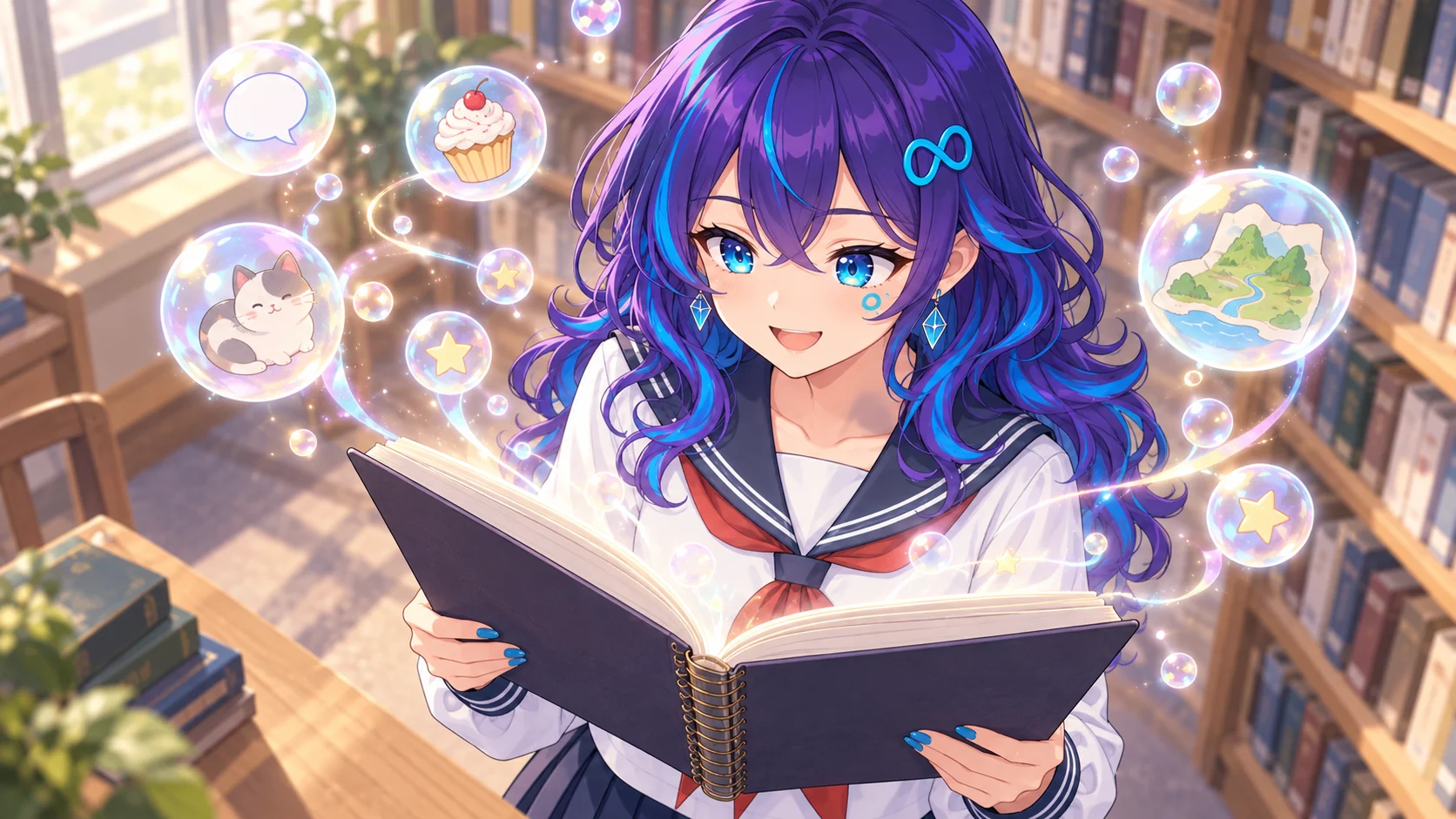 図書室を少し上から見た挿絵。めたちゃんが開いたノートを両手で持ってのぞき込み、明るく笑っている。まわりには猫・カップケーキ・地図・星・吹き出しの小さな絵が入ったシャボン玉のような泡がいくつも浮かび、光の筋を描いてノートの中へ吸い込まれていく