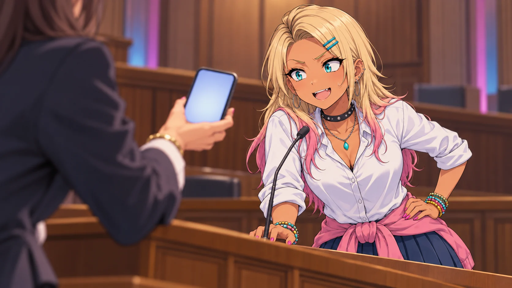木の壁の議場を見た挿絵。証言台のぐろちゃんが、片手を演台のふちに置き、もう片方の手を腰に当てて身を乗り出している。手前左の議員が、光るスマホの画面をぐろちゃんに向けて差し出していて、ぐろちゃんは目を丸くし、冷や汗をかきながら八重歯を見せて苦笑いしている